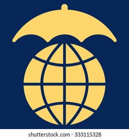Global Umbrella vector icon. Style is flat symbol, yellow color, rounded angles, blue background.