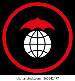 Global Umbrella vector icon. Style is bicolor flat circled symbol, red and white colors, rounded angles, black background.