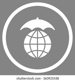 Global Umbrella vector icon. Style is flat circled symbol, white color, rounded angles, gray background.