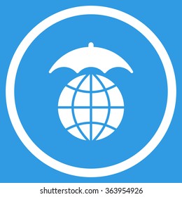 Global Umbrella vector icon. Style is flat circled symbol, white color, rounded angles, blue background.