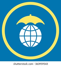 Global Umbrella vector icon. Style is bicolor flat circled symbol, yellow and white colors, rounded angles, blue background.