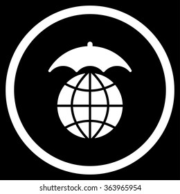 Global Umbrella vector icon. Style is flat circled symbol, white color, rounded angles, black background.