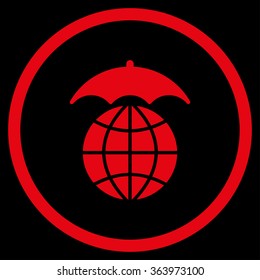 Global Umbrella vector icon. Style is flat circled symbol, red color, rounded angles, black background.