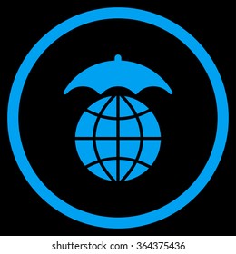 Global Umbrella vector icon. Style is flat circled symbol, blue color, rounded angles, black background.