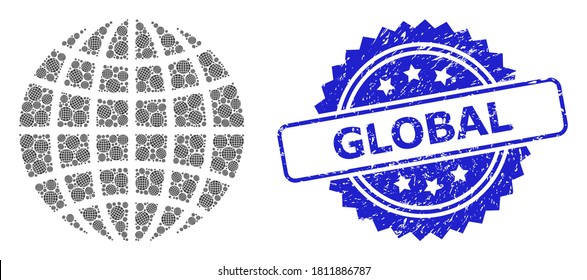 Global unclean seal print and vector fractal collage globe. Blue stamp seal has Global text inside rosette. Vector collage is formed from recursive rotated globe icons.