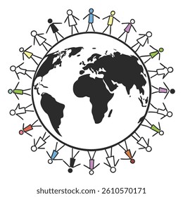 Global unity, diverse stick figures, world map, circular formation, interconnected humanity, black and white Earth, global community