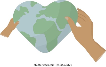 Global Unity Hands Holding Heart-Shaped Earth Illustration. Child hand and adult hand. Global unity, environmental care, and worldwide solidarity. Humanitarian aid concept. Vector illustration.