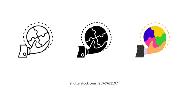Global unity icon set. Planet puzzle and sustainability sign. Ecology, environment, and conservation symbol. Hand holding Earth pictogram.