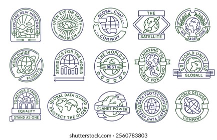 Global unity logos, labels, icons. A set of 15 planet logotypes. World Unity, Statistics, Data Safe. For branding global initiatives, environmental campaigns, and tech companies. Vector illustration.