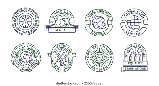 Global unity logos, labels, icons. A set of 8 planet logotypes. World Unity, Statistics, Data Safe. For branding global initiatives, environmental campaigns, and tech companies. Vector illustration.