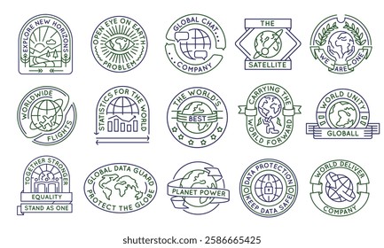 Global unity logos, labels, icons. A set of 15 planet logotypes. World Unity, Statistics, Data Safe. For branding global initiatives, environmental campaigns, and tech companies. Vector illustration.