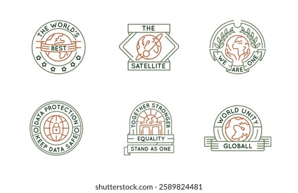 Global unity logos, labels, icons. A set o6 8 planet logotypes. World Unity, Statistics, Data Safe. For branding global initiatives, environmental campaigns, and tech companies. Vector illustration.