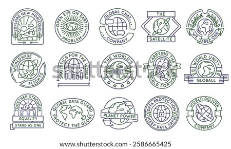 Global unity logos, labels, icons. A set of 15 planet logotypes. World Unity, Statistics, Data Safe. For branding global initiatives, environmental campaigns, and tech companies. Vector illustration.
