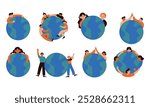Global Unity People and Planet Collection. A vibrant collection of illustrations showcasing diverse individuals united around the Earth, promoting peace, humanity, and environmental harmony