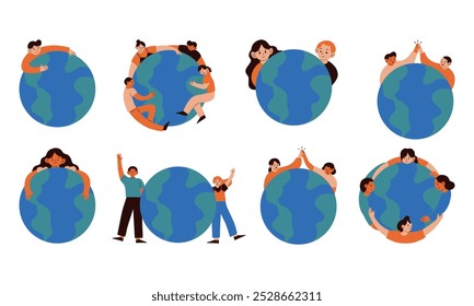 Global Unity People and Planet Collection. A vibrant collection of illustrations showcasing diverse individuals united around the Earth, promoting peace, humanity, and environmental harmony