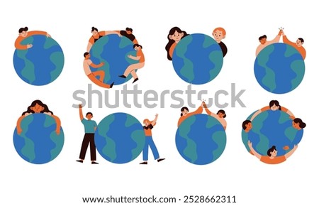 Global Unity People and Planet Collection. A vibrant collection of illustrations showcasing diverse individuals united around the Earth, promoting peace, humanity, and environmental harmony