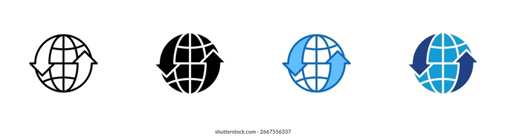 Global Upload Multiple Style Icon Design Vector - Globus mit Upload-Pfeil, der die internationale Datenfreigabe oder globale Konnektivität anzeigt