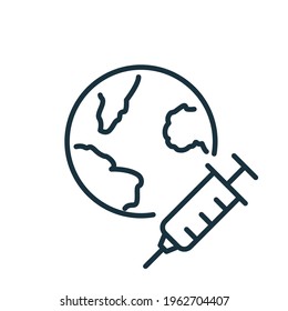 Global Vaccination Against Coronavirus line icon. Vaccine to control Pandemic. The Vaccine Protect the earth from Covid-19. Worldwide distribution of Vaccine. Editable Stroke. Vector illustration	