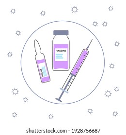 Global vaccination concept against coronavirus, flu, other viruses, infections or diseases. Syringes and ampoules with medicine. Medical poster for clinic or hospital isolated flat vector illustration