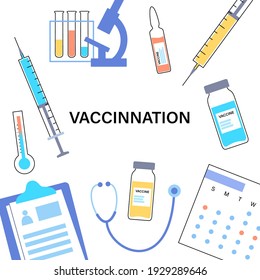 Global vaccination concept against coronavirus, flu, other viruses, infections or diseases. Syringe with medicine. Medical research and test results. Poster for clinic or hospital vector illustration.