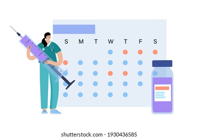 Global vaccination concept against coronavirus, flu, other viruses, infections or diseases. Vaccination schedule on calendar. Syringe with medicine. Medical poster for clinic flat vector illustration