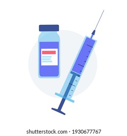 Global vaccination concept against coronavirus, flu, other viruses, infections or diseases. Syringe and ampoules with medicine. Insulin injections for diabetes. Medical poster flat vector illustration