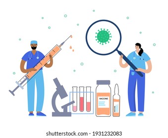 Global vaccination concept against coronavirus, flu, other viruses, infections or diseases. Doctor or nurse at the clinic or hospital. Syringes and ampoules with medicine isolated vector illustration.