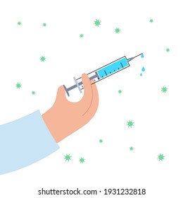 Global vaccination concept against coronavirus, flu, other viruses, infections or diseases. Doctor prepares to vaccinate. Hand with syringe and medicine. Medical poster for clinic vector illustration