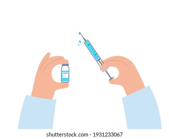 Global vaccination concept against coronavirus, flu, other viruses, infections or diseases. Doctor prepares to vaccinate. Hand with syringe and medicine. Medical poster for clinic vector illustration