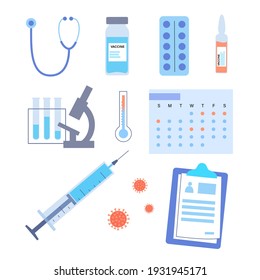 Global vaccination concept against coronavirus, flu, other viruses, infections or diseases. Syringe with medicine. Medical research and test results. Poster for clinic or hospital vector illustration.