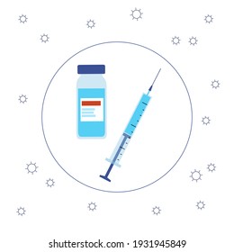 Global vaccination concept against coronavirus, flu, other viruses, infections or diseases. Syringes and ampoules with medicine. Medical poster for clinic or hospital isolated flat vector illustration