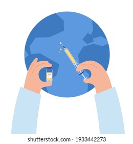 Global vaccination concept against coronavirus, flu, other viruses, infections or diseases. Vaccinations all over the world. Syringe with medicine. Medical poster for clinic flat vector illustration