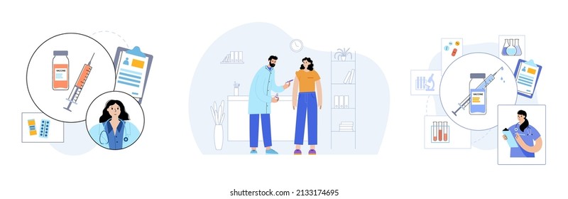 Global vaccination concept against coronavirus, flu, other viruses, infections or diseases. Doctor or nurse at the clinic or hospital. Syringes and ampoules with medicine isolated vector illustration.