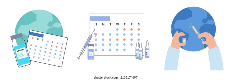 Global vaccination concept against coronavirus, flu, other viruses, infections or diseases. Vaccination schedule on calendar. Syringe with medicine. Medical poster for clinic flat vector illustration