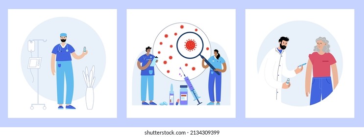 Global vaccination concept against coronavirus, flu, other viruses, infections or diseases. Doctor or nurse at the clinic or hospital. Syringes and ampoules with medicine isolated vector illustration.