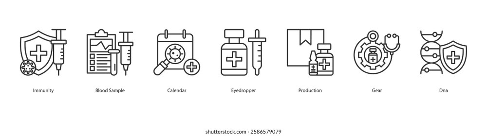 Global Vaccination Icon Sheet Immunity, Blood Sample, Calendar, Eyedropper, Production, Gear, Dna