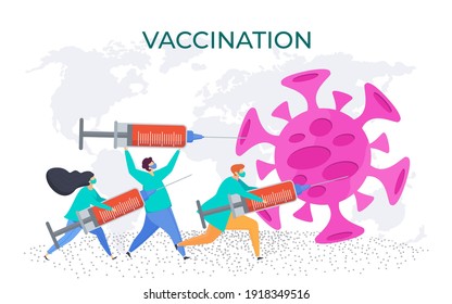 Global vaccination and immunization. Concept of global fight against pandemic. Doctors with huge syringes in their hands are fighting against huge red virus covid-19.