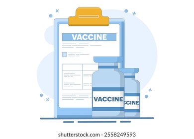 global vaccination preparation concept against the virus. Vaccine ready for clinical trials. Immunization campaign concept. Flat cartoon vector illustration with icons.