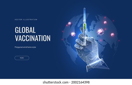 Global vaccination, syringe with vaccine on the background of the globe. Futuristic digital vector illustration of a hand holding a syringe with a destructive virus vaccine. 