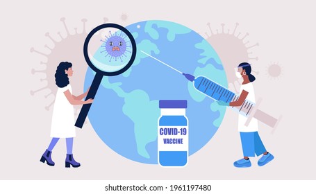 Global vaccine concept. Doctor vaccinates Earth against coronavirus. Vector illustration in a flat style