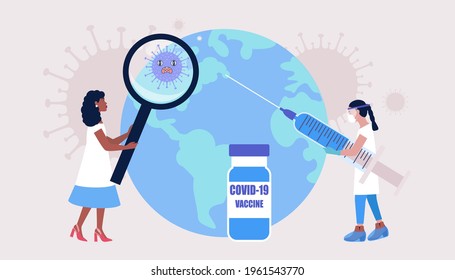 Global vaccine concept. Doctor vaccinates Earth against coronavirus. Vector illustration in a flat style