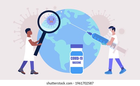 Global vaccine concept. Doctor vaccinates Earth against coronavirus. Vector illustration in a flat style
