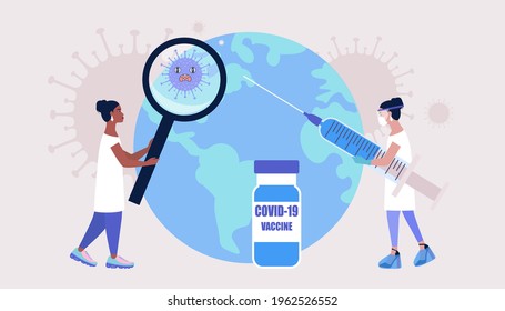 Global vaccine concept. Doctor vaccinates Earth against coronavirus. Vector illustration in a flat style