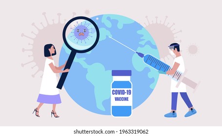 Global vaccine concept. Doctor vaccinates Earth against coronavirus. Vector illustration in a flat style