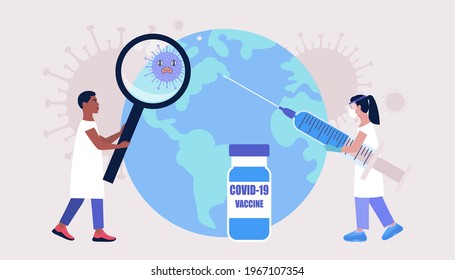 Global vaccine concept. Doctor vaccinates Earth against coronavirus. Vector illustration in a flat style