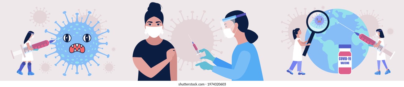 Global vaccine concept. Doctor vaccinates people and Earth against coronavirus. Vector illustration in a flat style