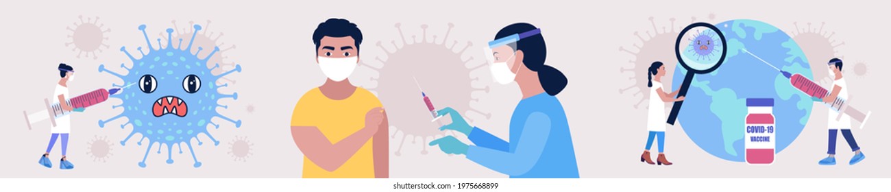 Global vaccine concept. Doctor vaccinates people and Earth against coronavirus. Vector illustration in a flat style