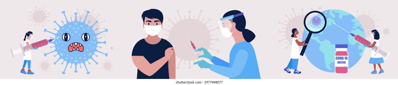 Global vaccine concept. Doctor vaccinates people and Earth against coronavirus. Vector illustration in a flat style