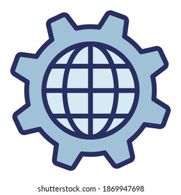 globales Vektorfarbensymbol   Stil-Benutzeroberflächen-Symbole mit weichen Farben Web-Einstellungen Design, Farbe Globe der Erde und Zahnräder oder Cog-Symbol isolierte globale Optionen. 
