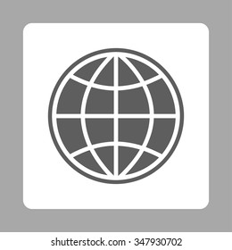 Global vector icon. Style is flat rounded square button, dark gray and white colors, silver background.
